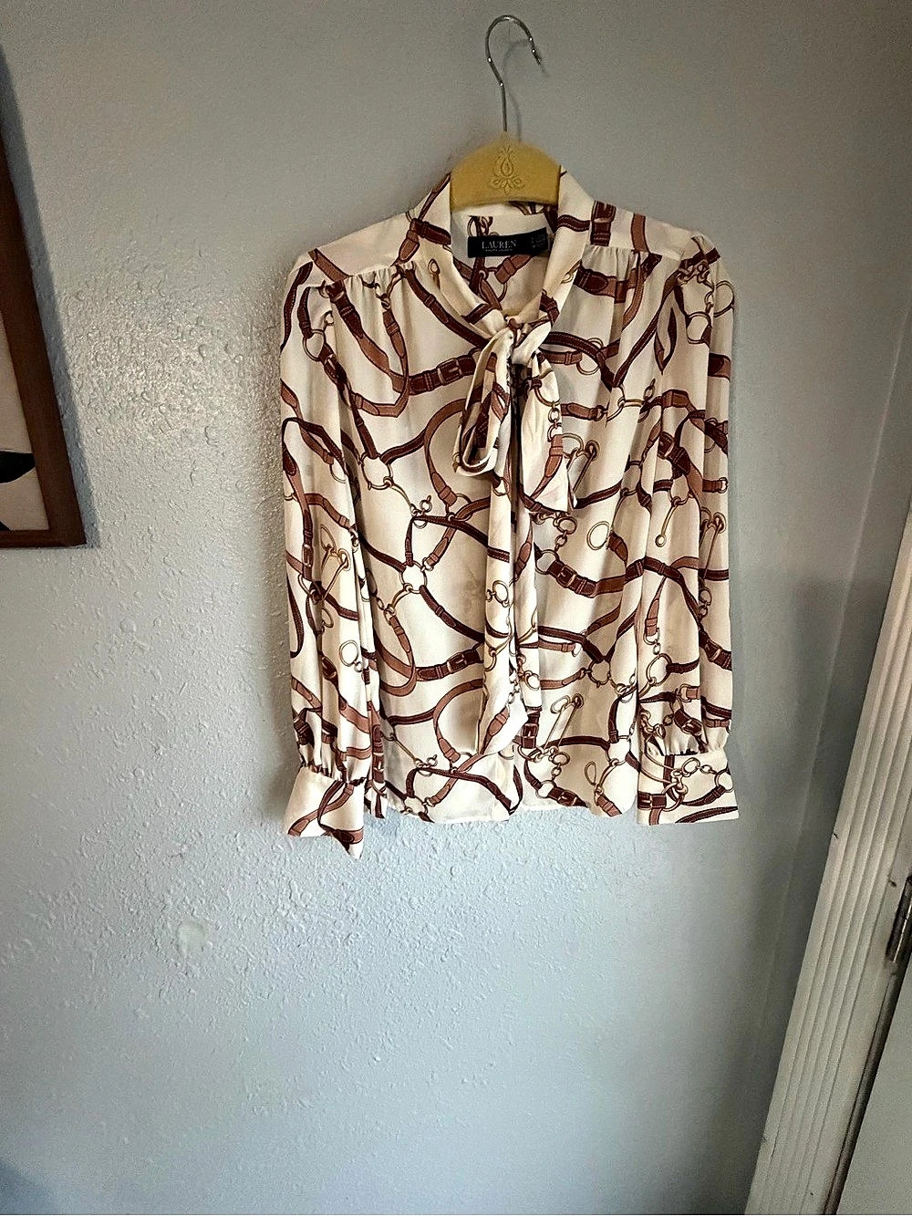 Lauren Ralph Lauren Belting-Print Georgette Tie-Neck Blouse Size Small